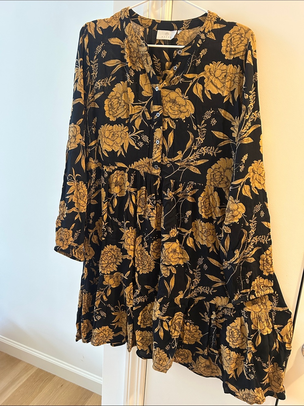 Black Floral Long-Sleeve Midi Dress with Mustard Floral Print